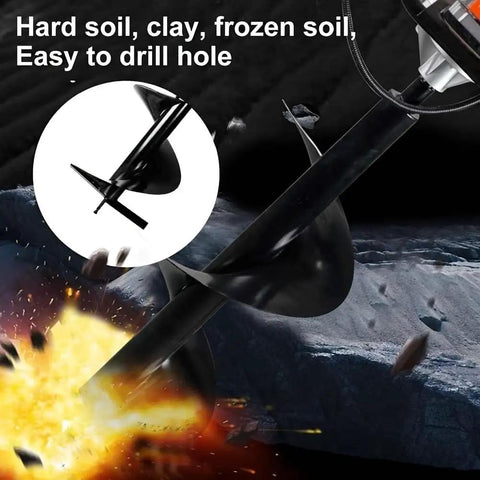 85cc Gas Powered Post Hole Digger With Earth And Ice Auger, close-up of auger drilling through hard soil with sparks
