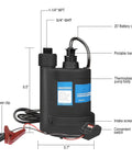 12V DC Submersible Sump Pump With Switch, 1500 GPH Workhorse Utility Water Pump For Basements, Pools, And Drains, side view with labels