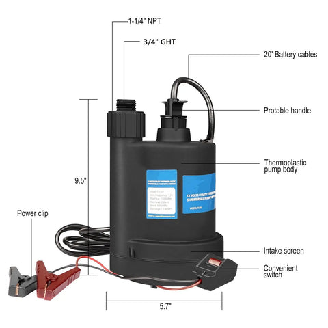 12V DC Submersible Sump Pump With Switch, 1500 GPH Workhorse Utility Water Pump For Basements, Pools, And Drains, side view with labels