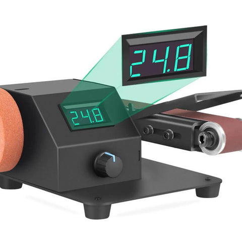 Kick Your Shop Jobs Into High Gear With This Compact Mini Belt Sander Benchtop Polisher showing digital speed display and adjustment knob.