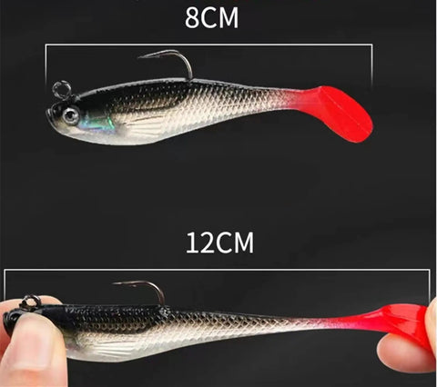 Five Piece Soft Plastic Fishing Lure Set, 8Cm T Tail Bait With 3D Eyes And Sharp Treble Hooks, shown in 8cm and 12cm sizes.