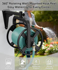 Rotating 360 Degree Garden Hose Reel Wall Mounted Outdoor Heavy Duty Metal Water Hose Holder And Organizer Holds 125 Feet Of 5/8 Inch Hose With 3.9 Foot Leader Hose For Outdoor Yard No Kink No Mess Black, shown with hose in garden setting