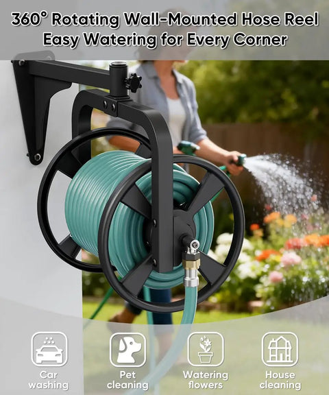 Rotating 360 Degree Garden Hose Reel Wall Mounted Outdoor Heavy Duty Metal Water Hose Holder And Organizer Holds 125 Feet Of 5/8 Inch Hose With 3.9 Foot Leader Hose For Outdoor Yard No Kink No Mess Black, shown with hose in garden setting