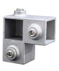 Heavy Duty Three Way Elbow Pipe Connector For Industrial Shelving And Fence Rails Made Of Super Strong Aluminum Alloy For Solid DIY Storage Build, close-up view.