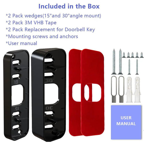 Included parts for Corner Mount For Video Doorbell 1st And 2nd Gen No Drill Mount Adjustable Angles 15 30 45 Degrees Black Easy Install