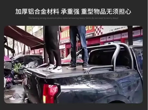 People standing on Retractable Truck Bed Tonneau Cover For L200 Triton 2024 2025 2026, Aluminum Slats With Weatherproof Seal.