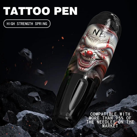 Wireless Tattoo Pen Kit With 10 Tattoo Needles And 7 Inks showing a clown design on rocky background, for creative sessions.