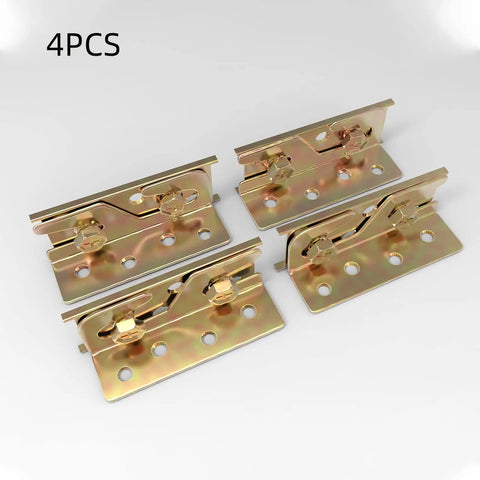 Beefy Bed Rail Brackets 4-Piece Set Universal Wood Bed Frame Hardware Galvanized Steel Reinforcement Kit shown from above.