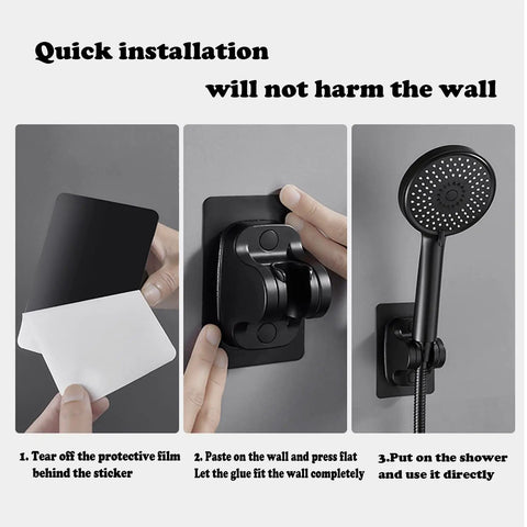 Installation steps for Heavy Duty Wall Mount Shower Head Holder With Strong Adhesive Waterproof Bracket for RVs and home bathrooms.