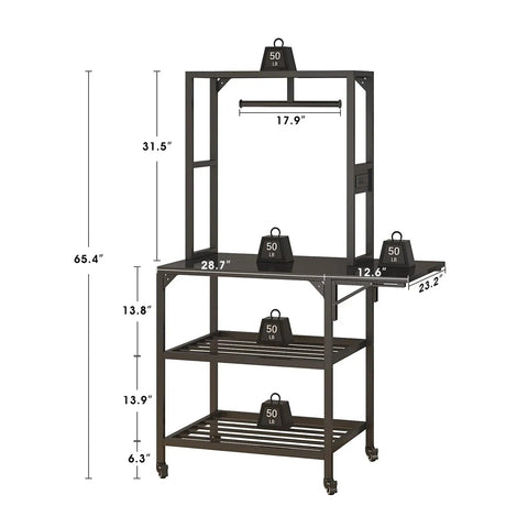 Heavy Duty 3D Printer Stand With Smooth Roll Casters And T Shaped Filament Spool Rack And Hefty Mobile Workbench side view with dimensions.