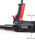 Heavy Duty Electric Blind Riveter 600 Watt Power Tool Built Tough With Long Stroke Handles. Close-up of adjustable nosepieces.