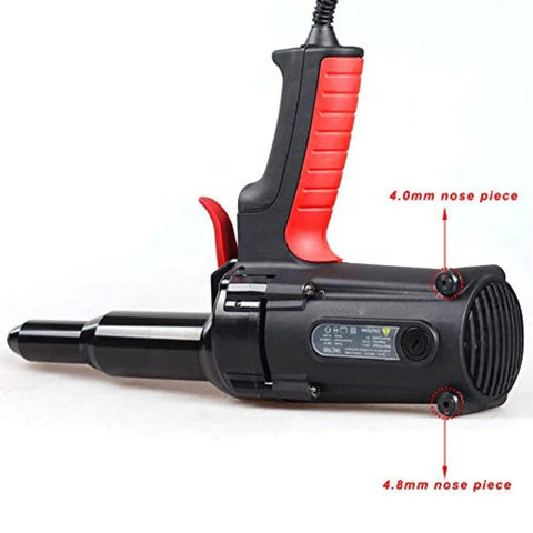 Heavy Duty Electric Blind Riveter 600 Watt Power Tool Built Tough With Long Stroke Handles. Close-up of adjustable nosepieces.