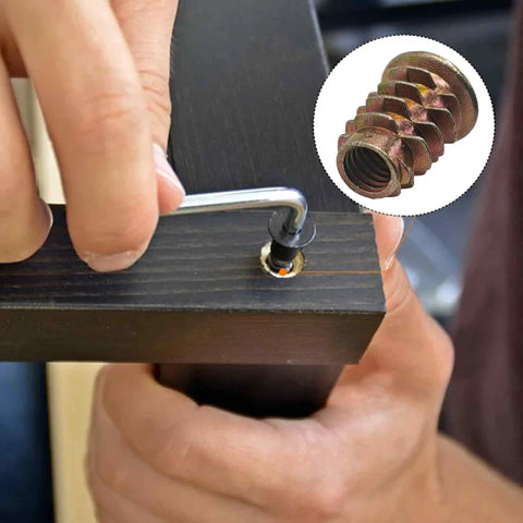 Installing 50 Piece M6 Zinc Alloy Threaded Inserts For Wood Furniture No Sweat Assembly Hex Socket Screw In Nuts With Allen Wrench.