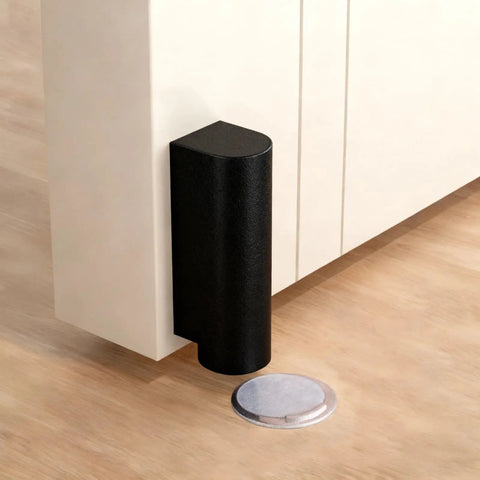 No Drill Door Stop Silent Ultra Thin For Bathroom With Strong Adhesive Mount Easy Install Heavy Duty Hold Anti Collision Windproof ABS 3 Inch Height Black Quiet Close mounted on door edge