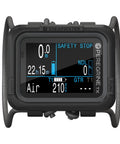 Peregrine TX Dive Computer With Two Point Two Inch LCD Full Color Display No Fuss Real Time Gas Pressure And Gas Time Remaining Wireless Air Integration Tilt Compensated Digital Compass For On Course Navigation And Easy Dive Planning showing safety stop data on screen.