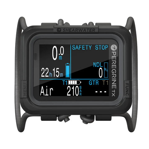 Peregrine TX Dive Computer With Two Point Two Inch LCD Full Color Display No Fuss Real Time Gas Pressure And Gas Time Remaining Wireless Air Integration Tilt Compensated Digital Compass For On Course Navigation And Easy Dive Planning showing safety stop data on screen.