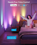 Modern Cube Wall Sconces With Adjustable Cable Distance And Smart RGBic LED Fixture That Hooks Up To Alexa For Chill Living Room Vibes and multi-colored soft lighting in a bedroom setting.