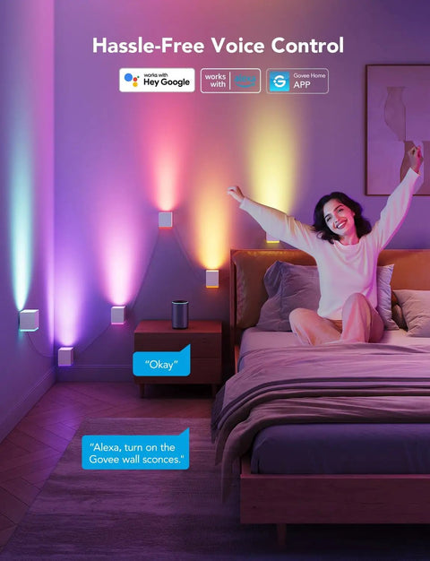 Modern Cube Wall Sconces With Adjustable Cable Distance And Smart RGBic LED Fixture That Hooks Up To Alexa For Chill Living Room Vibes and multi-colored soft lighting in a bedroom setting.