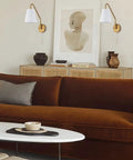 Living room with Set Of 2 Swing Arm Wall Sconces Hardwired 180 Degree Adjustable Left Right Antique Brass Fabric Lighting