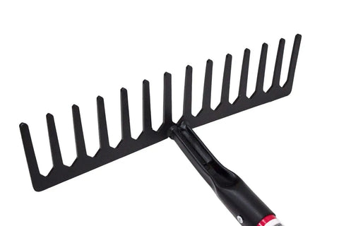 Close-up of Level Head Rake With Fiberglass Shaft Built To Last Beast Tough Heavy Duty Garden Tool For Lawns And Landscaping Steel Head With 14 Tines