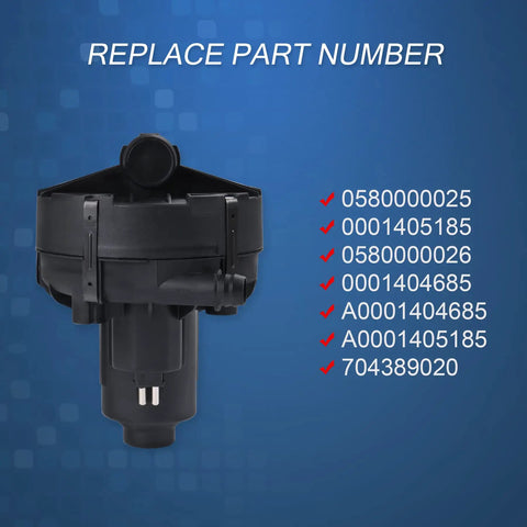 Secondary Air Injection Smog Pump Replacement For Mercedes Benz E350 E550 GL450 GL550 ML350 ML550 R350 S550 CL550 Replacement Part 0580000025 0001405185 0580000026 0001404685 A0001404685 A0001405185 704389020 with part numbers displayed.