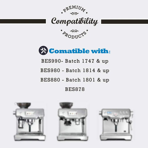 Four Pack Replacement Water Filter For Espresso Machines showing compatible Breville models BES990, BES980, BES880, BES878.