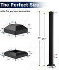 Rock Solid Black Aluminum Railing Posts With Included Mounting Screws Weather Resistant Outdoor Deck Fence Hardware Heavy Duty Powder Coated Support Kit For Patio Build Outs That Are Legit Built Tight And Low Maintenance detailed dimensions with base and pole measurements