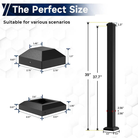 Rock Solid Black Aluminum Railing Posts With Included Mounting Screws Weather Resistant Outdoor Deck Fence Hardware Heavy Duty Powder Coated Support Kit For Patio Build Outs That Are Legit Built Tight And Low Maintenance detailed dimensions with base and pole measurements
