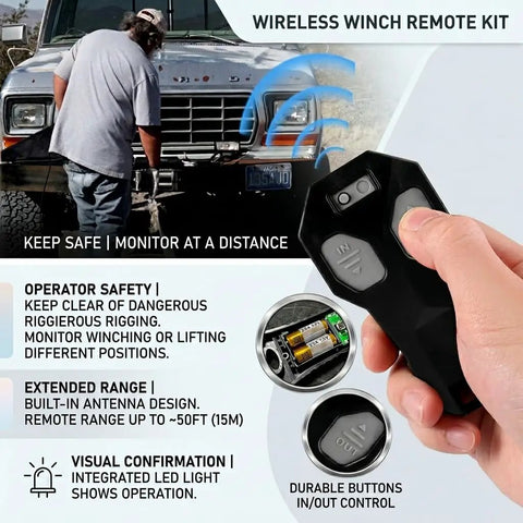 12V 24V Wireless Winch Remote Control Kit Universal 5 Wire Controller Receiver For Truck ATV And SUV Winches Long Range Easy Install Rugged Durable Wireless System hand-held remote with IN/OUT buttons