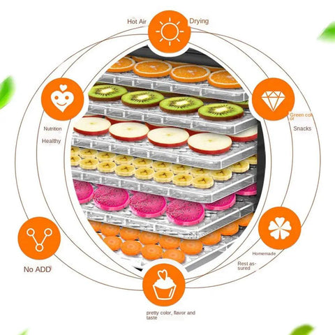Heavy Duty Six Layer Electric Food Dehydrator For Fresh Fruits Veggies Beef Jerky And Homemade Pet Snacks Featuring Quiet Motor And Fast Dry Modes with colorful dried fruits on trays.