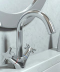 Logis Classic Low Flow Two Handle Bathroom Sink Faucet Chrome With Tall Nine Inch Spout And Slick Water Saving Tech Easy Over Counter Install Solid Brass Build Model 71270001 installed on white sink