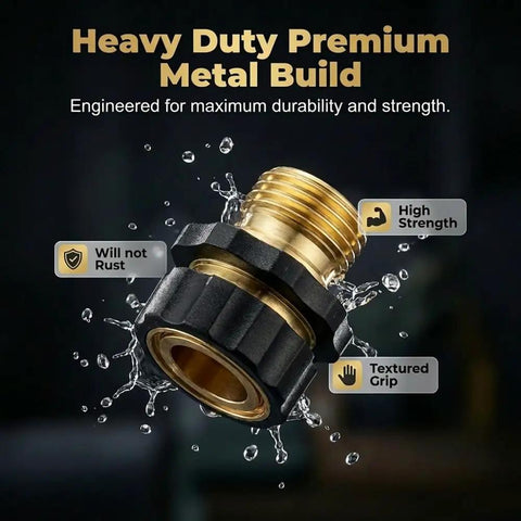 Three Quarter Inch Hose Quick Connect Fittings Kit 2026 Model Water Hose Adapter Durable Universal Quick Release Connector For Hoses Faucets And Outdoor Accessories Instant Connection Leak Free Fit Easy Snap On System, brass fitting with water droplets, labeled high strength, will not rust, textured grip.
