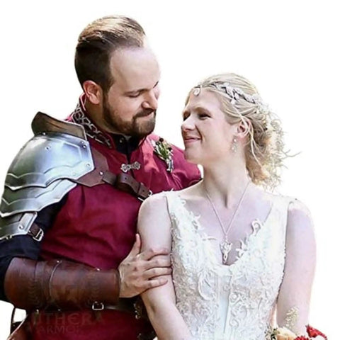 Couple with groom in Handcrafted Steel Pauldron Armor For Gladiators And Larp Warriors A Rugged Metal Shoulder Piece