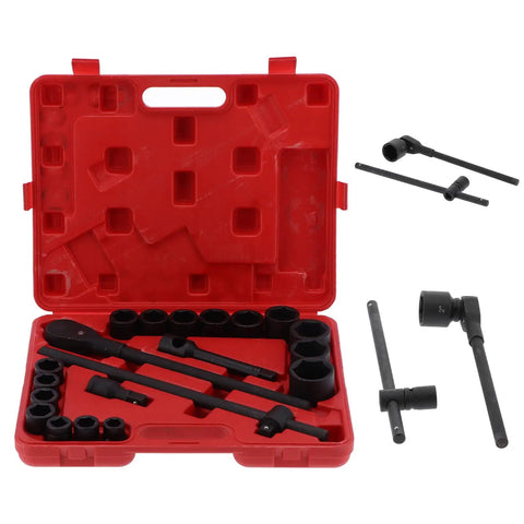 Get This Insane 21 Piece Deep Impact Socket Set With 3/4 And Two Inch Heads For Heavy Duty Vehicle Repair Jobs Making Mechanics Look Like Total Bosses Who Ace Every Tough Job Under The Hood Fast. Red case with black deep impact sockets and breaker bars