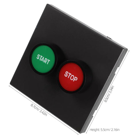 Industrial 2 Button Control Station With Emergency Stop And Start Push Buttons For Workshop Motor And Fan Control, Plastic Surface Mount Switch Panel For Reliable Shutdown And Easy Maintenance. Black plastic 86-type surface-mount panel, 8.7 cm x 8.5 cm, with start and stop buttons