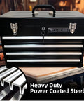 Front view of heavy duty metal tool box with four drawers, portable steel chest with lock and latch closure, black and red powder coat.