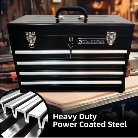 Front view of heavy duty metal tool box with four drawers, portable steel chest with lock and latch closure, black and red powder coat.