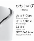 Orbi 770 Series Tri Band WiFi 7 Mesh System details with 11 Gbps speed, 8000 sq. ft coverage, 2.5 Gbps port, security trial.
