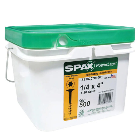 Pail of One Quarter Inch By Four Inch T Star Washer Head Exterior PowerLag Screw With High Corrosion Resistance, 500 pieces.