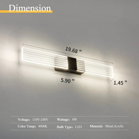 Black Modern LED Bathroom Vanity Light Bar For Mirror, 19.68 Inch, 4000K 8W Non Dimmable Wall Sconce, 1.45 Inch From Wall