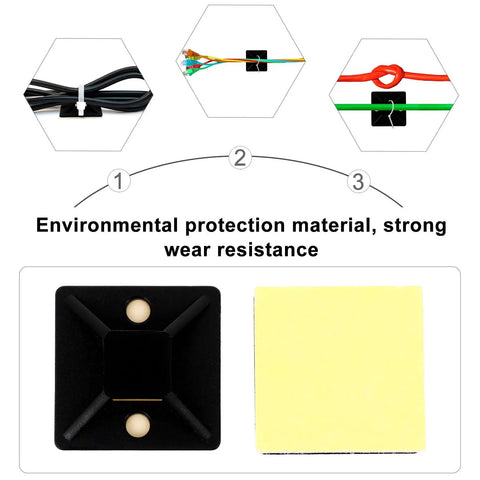 100 Pack Self Adhesive Cable Clips Heavy Duty Black Plastic Cord Management Brackets with strong wear resistance for wire organization.