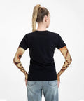 Ultra Comfort Ice Silk Arm Sleeves Featuring Steampunk Cog Graphics, Sick Sun Shields For Gym Workouts And Road Rides, Buttery Smooth Compression Covers That Lock In Position on woman from back.