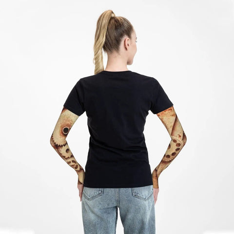 Ultra Comfort Ice Silk Arm Sleeves Featuring Steampunk Cog Graphics, Sick Sun Shields For Gym Workouts And Road Rides, Buttery Smooth Compression Covers That Lock In Position on woman from back.