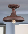 Vintage Retro Rustic Metal Barn Semi Flush Mount Ceiling Light With Rust Finish Industrial Barn Style Fixture in room setting
