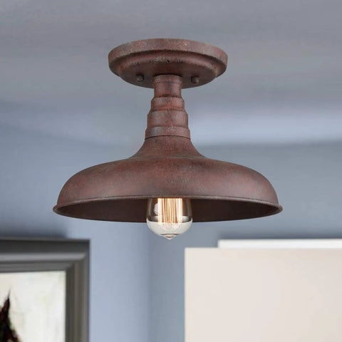 Vintage Retro Rustic Metal Barn Semi Flush Mount Ceiling Light With Rust Finish Industrial Barn Style Fixture in room setting