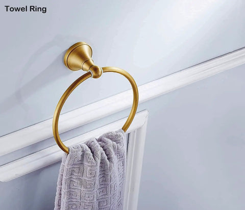 Brass Bathroom Accessories Set With Adjustable Towel Bar From 16.53 To 28.42 Inches Vintage Brushed Brass Wall Mounted Bath Hardware Kit Durable Solid Brass Construction Timeless Antique Look Must Have Home Upgrade For Your Bath showing round towel ring with towel mounted on wall.