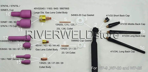 Pro Grade Long TIG Alumina Nozzle Ceramic Cup Set 796F74 3XL 3 16th Inch components displayed on table