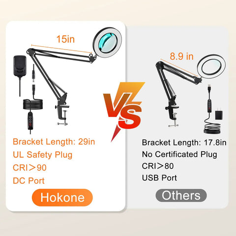 Comparison of Hokone 5X Magnifying Lamp With Clamp And Dimmable LED Light showing bracket length, plug type, CRI, and port differences.