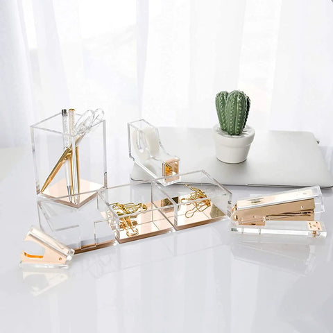 Premium Acrylic And Gold Base Note Holder And Paper Clip Organizer For Desk Cube Memo Pad 3 Compartments Modern Desk Organizer To Keep Your Workspace Neat And Stylish For A Cool Home Office Setup on a desk