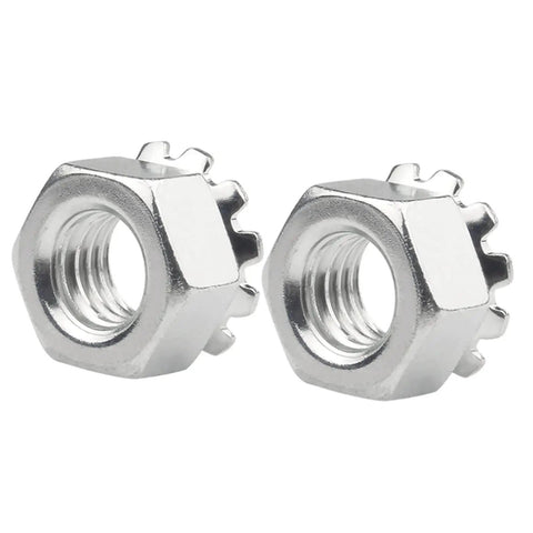 Road Ready 10-24 Thread Keps Lock Nut Crafted From Premium 304 Stainless Steel With 18-8 Grade Composition Top Shelf Hex Flange Design Built To Outlast Daily Garage Work And Heavy Machinery Repairs Pack Of Fifty, two silver hex nuts.